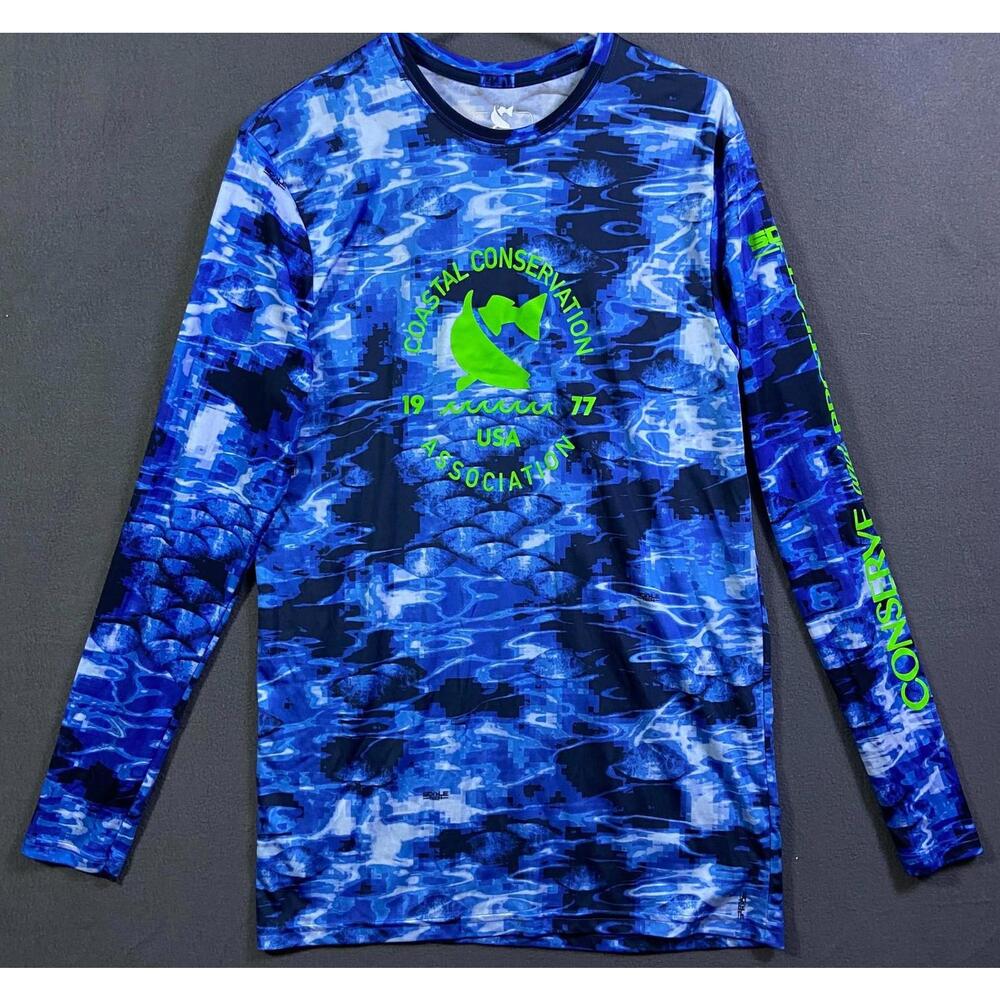 Coastal Conservation Association Shirt Mens Medium Blue Graphic Print Fish Camo